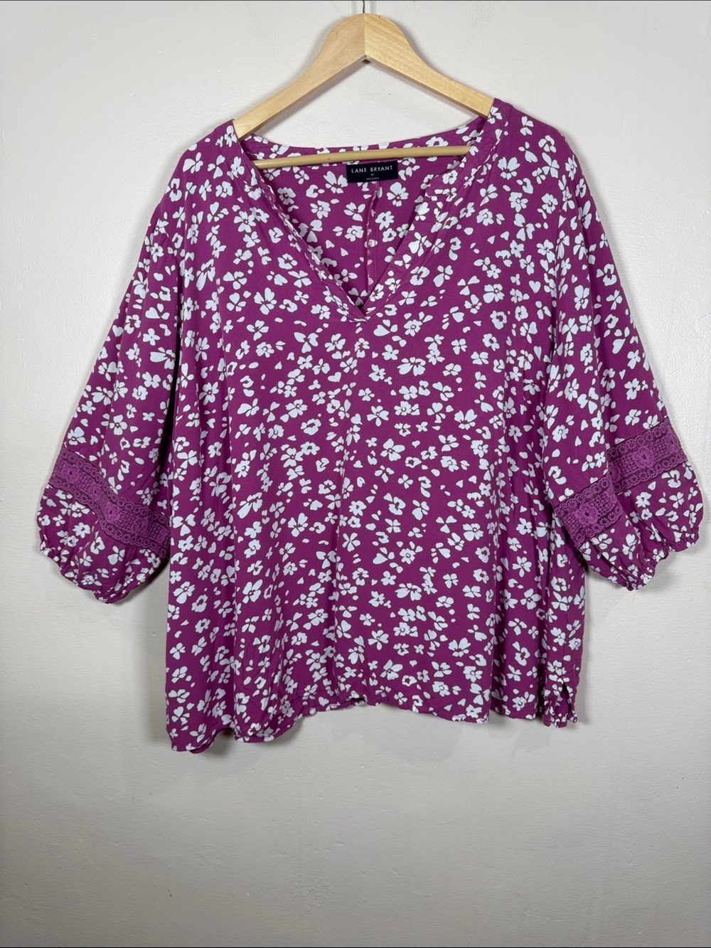 Lane Bryant Floral V-Neck Peasant Blouse Lace Crochet Balloon Sleeve 22 Boho